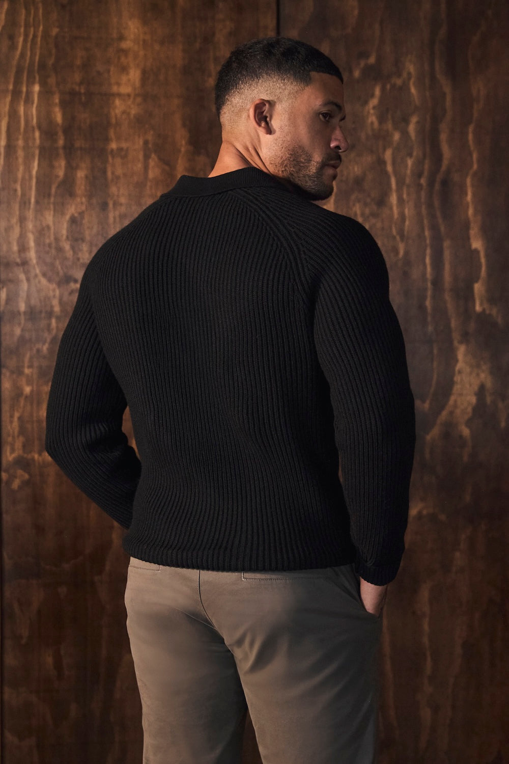 Fisherman Rib Open Collar Polo Shirt in Black - TAILORED ATHLETE - USA