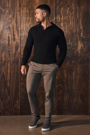 Fisherman Rib Open Collar Polo Shirt in Black - TAILORED ATHLETE - USA