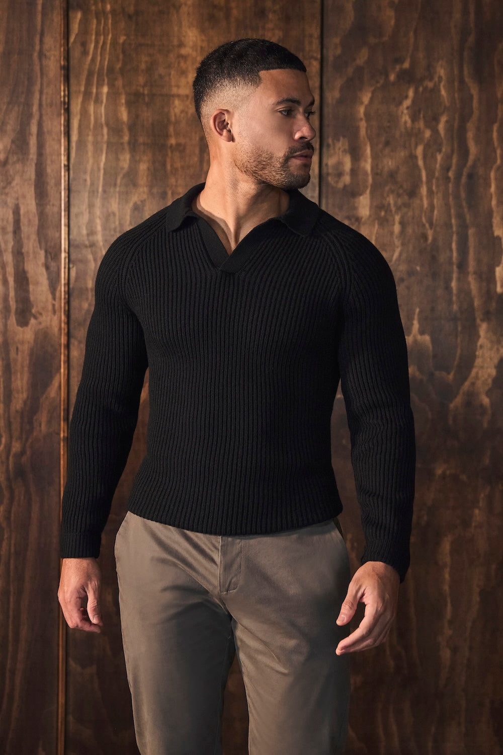 Fisherman Rib Open Collar Polo Shirt in Black - TAILORED ATHLETE - USA