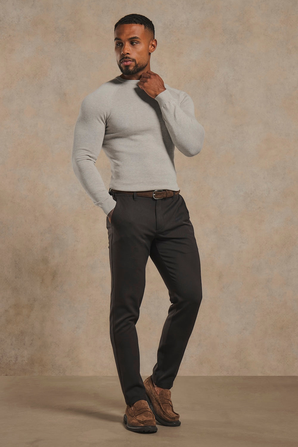 Pure Cotton Knitted Crew Neck Sweater in Soft Grey Marl