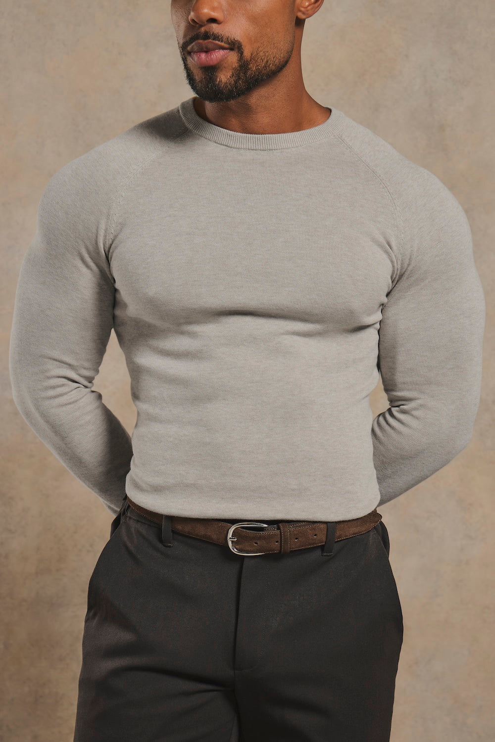 Pure Cotton Knitted Crew Neck Sweater in Soft Grey Marl