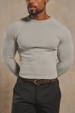 Pure Cotton Knitted Crew Neck Sweater in Soft Grey Marl