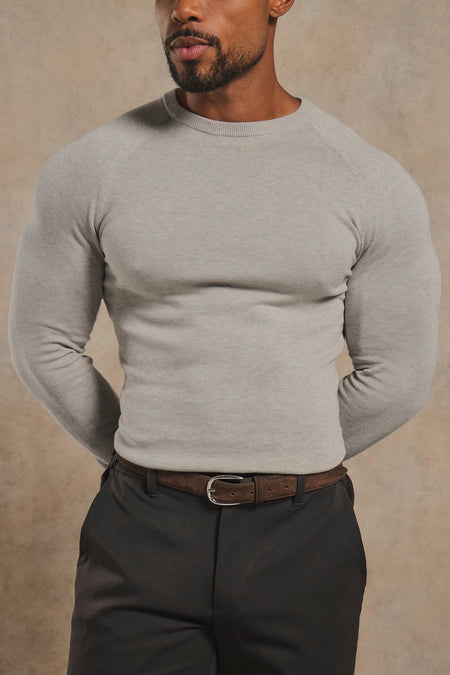 Pure Cotton Knitted Crew Neck Sweater in Soft Grey Marl