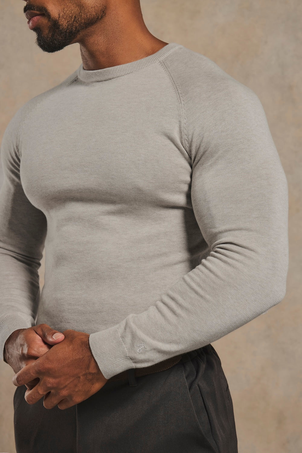 Pure Cotton Knitted Crew Neck Sweater in Soft Grey Marl