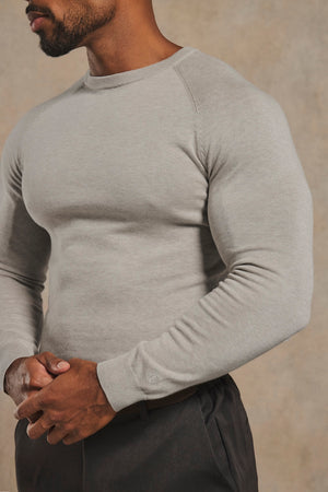 Pure Cotton Knitted Crew Neck Sweater in Soft Grey Marl
