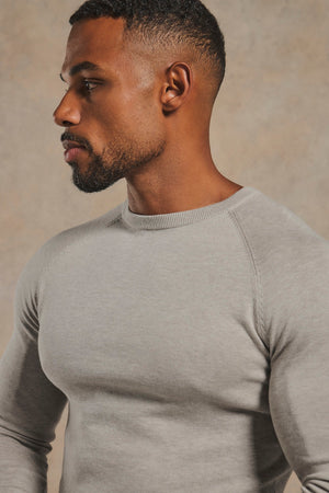 Pure Cotton Knitted Crew Neck Sweater in Soft Grey Marl