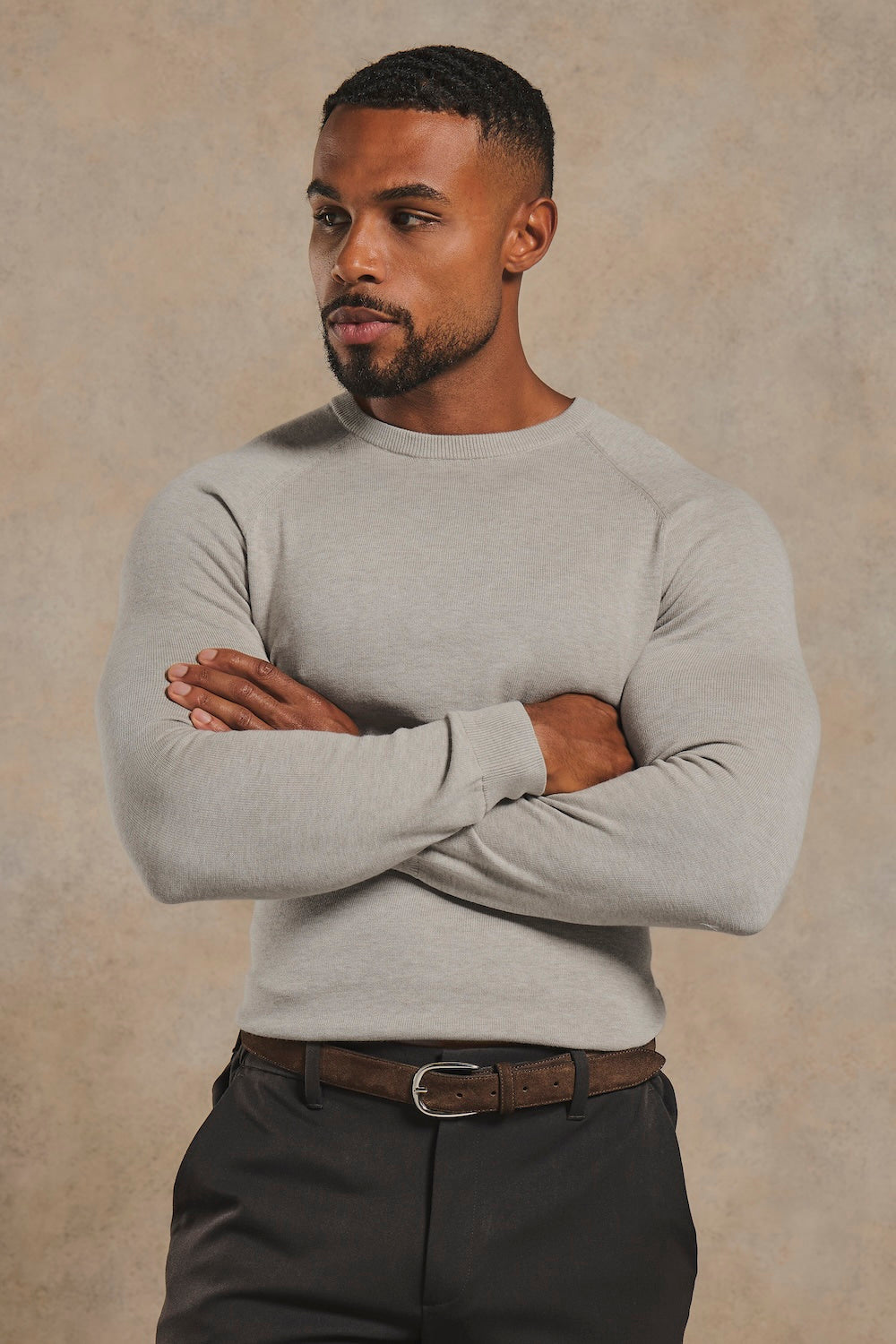 Pure Cotton Knitted Crew Neck Sweater in Soft Grey Marl