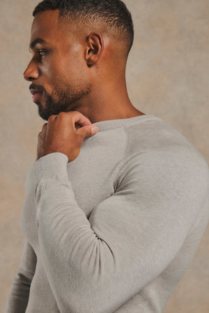 Pure Cotton Knitted Crew Neck Sweater in Soft Grey Marl