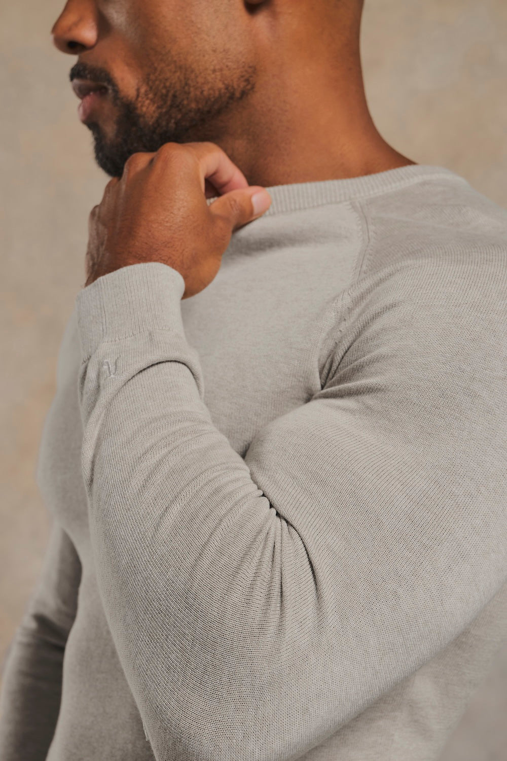 Pure Cotton Knitted Crew Neck Sweater in Soft Grey Marl