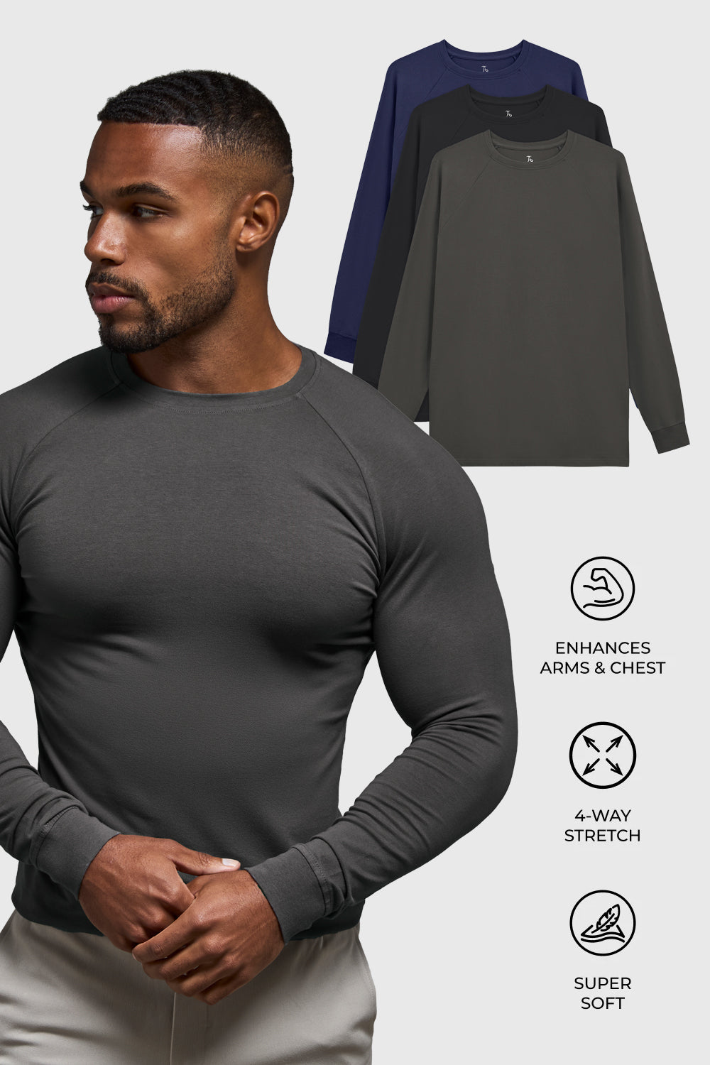 Athletic Fit 3 Pack Long Sleeve T-Shirt in Black, Navy & Charcoal