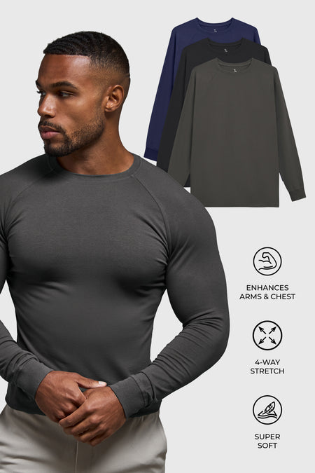 Athletic Fit 3 Pack Long Sleeve T-Shirt in Black, Navy & Charcoal