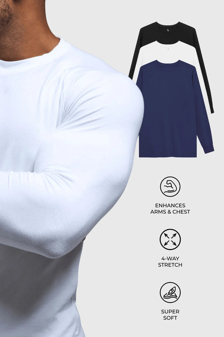 Athletic Fit 3 Pack Long Sleeve T-Shirt in Black, Navy & White