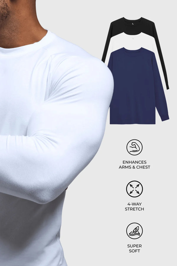 Athletic Fit 3 Pack Long Sleeve T-Shirt in Black, Navy & White
