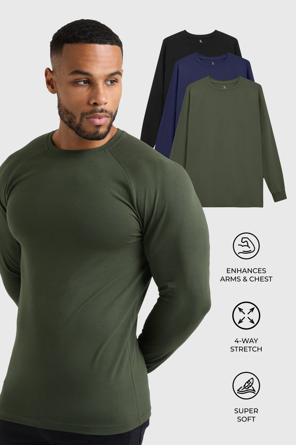 Athletic Fit 3 Pack Long Sleeve T-Shirt in Black, Navy & Khaki