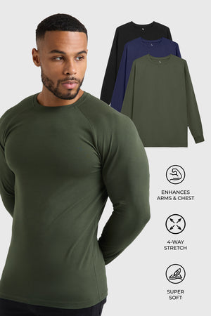 Athletic Fit 3 Pack Long Sleeve T-Shirt in Black, Navy & Khaki