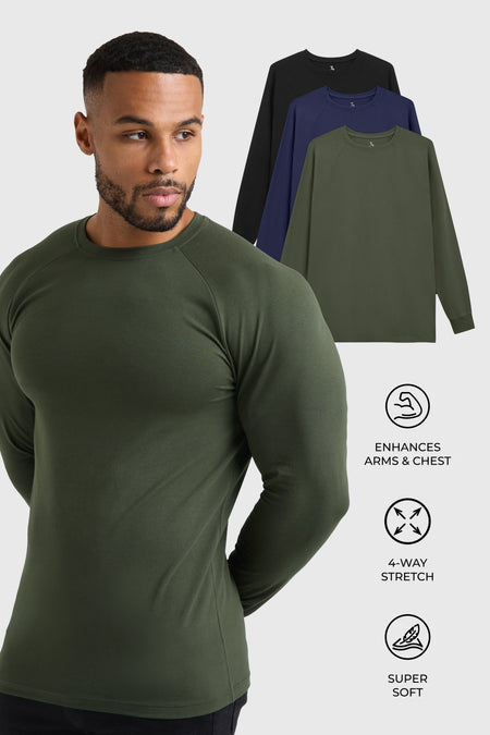 Athletic Fit 3 Pack Long Sleeve T-Shirt in Black, Navy & Khaki