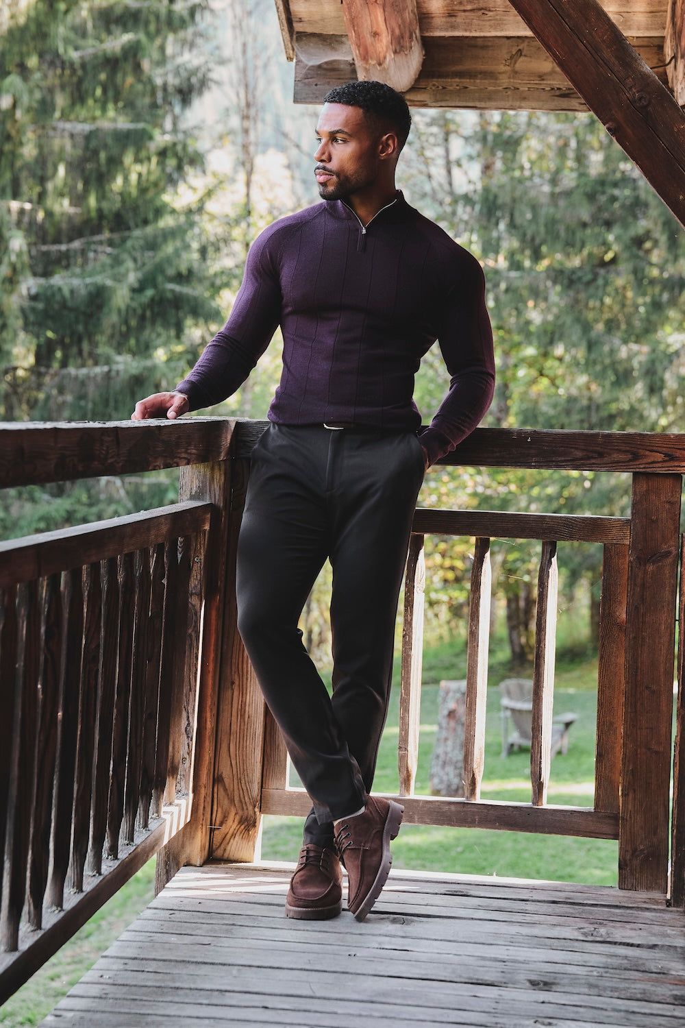 Extra Fine Merino Wool Ribbed Half Zip Neck Sweater in Dark Bordeaux