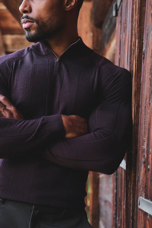 Extra Fine Merino Wool Ribbed Half Zip Neck Sweater in Dark Bordeaux