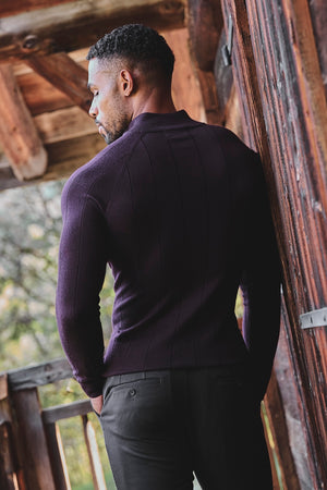 Extra Fine Merino Wool Ribbed Half Zip Neck Sweater in Dark Bordeaux