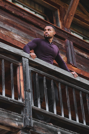 Extra Fine Merino Wool Ribbed Half Zip Neck Sweater in Dark Bordeaux