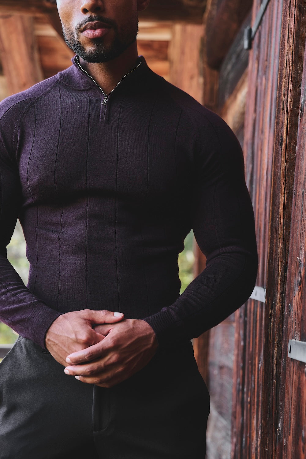Extra Fine Merino Wool Ribbed Half Zip Neck Sweater in Dark Bordeaux