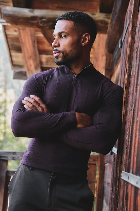 Extra Fine Merino Wool Ribbed Half Zip Neck Sweater in Dark Bordeaux