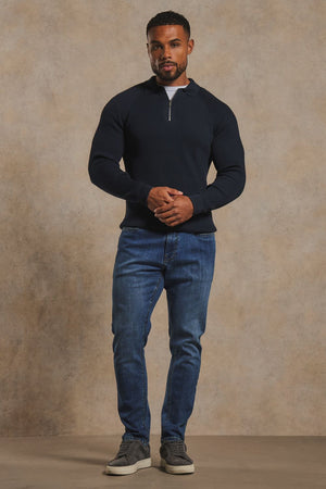Cotton Textured Knitted Half Zip Polo Shirt in Navy