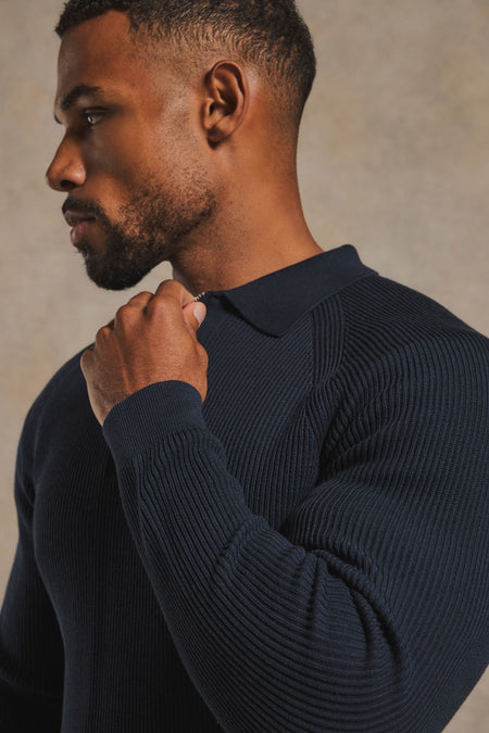 Cotton Textured Knitted Half Zip Polo Shirt in Navy