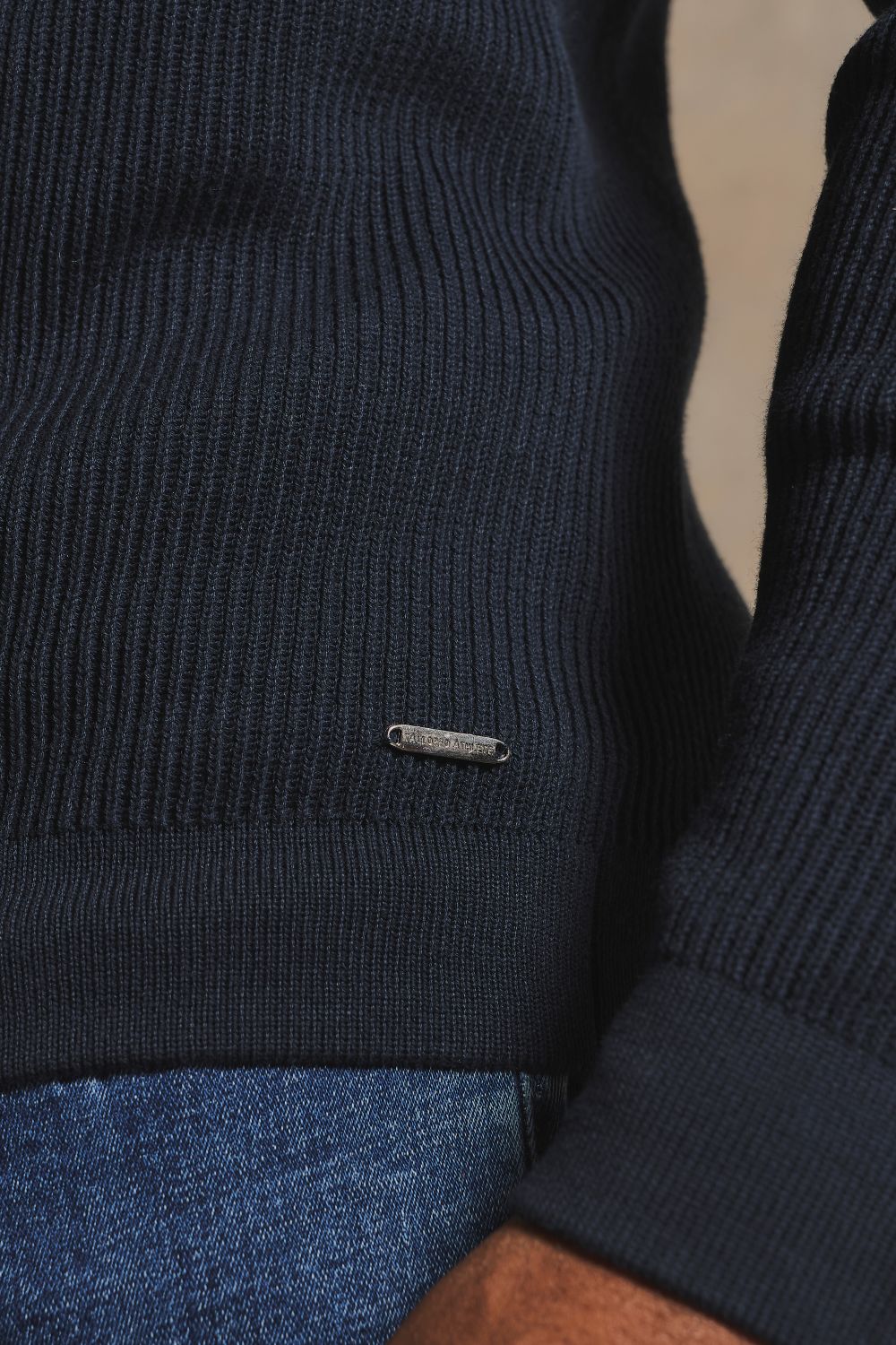 Cotton Textured Knitted Half Zip Polo Shirt in Navy