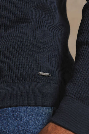 Cotton Textured Knitted Half Zip Polo Shirt in Navy