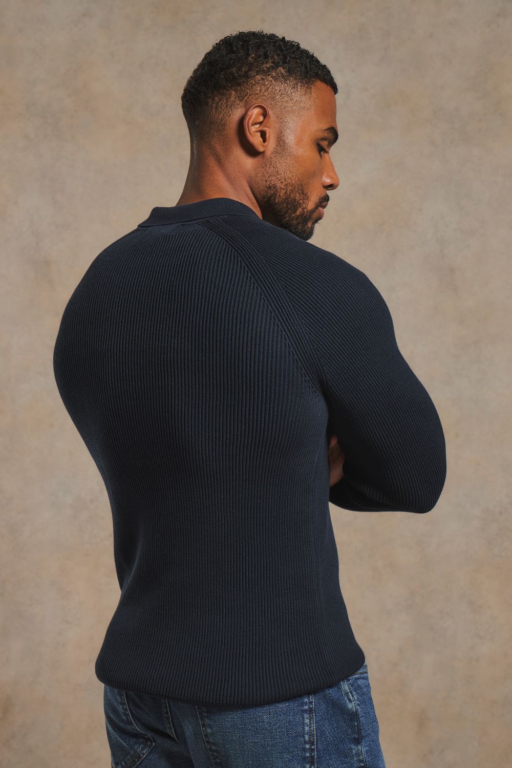Cotton Textured Knitted Half Zip Polo Shirt in Navy