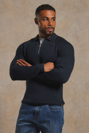 Cotton Textured Knitted Half Zip Polo Shirt in Navy
