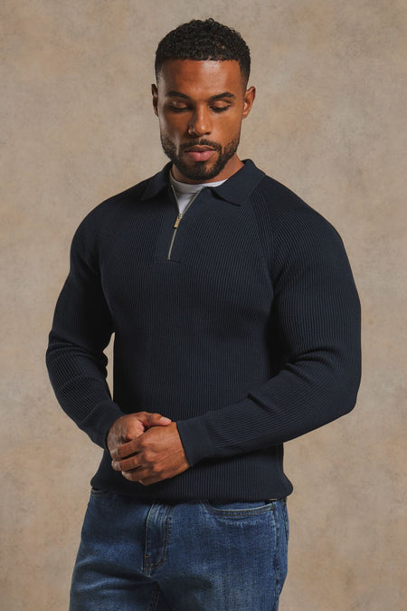 Cotton Textured Knitted Half Zip Polo Shirt in Navy