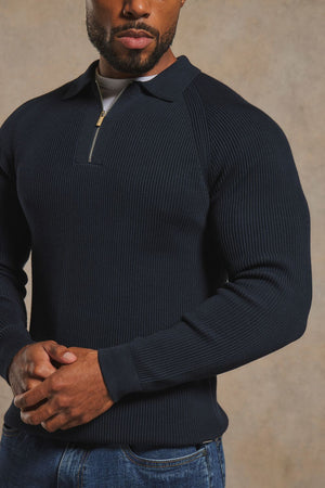 Cotton Textured Knitted Half Zip Polo Shirt in Navy