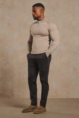 Extra Fine Merino Wool Half Zip Neck Sweater in Neutral Marl