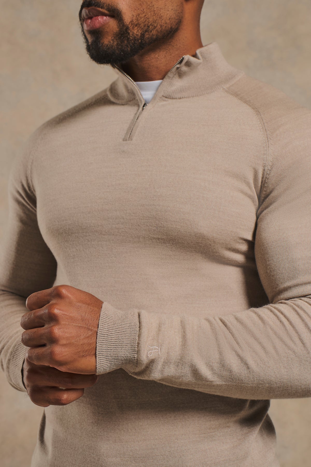 Extra Fine Merino Wool Half Zip Neck Sweater in Neutral Marl