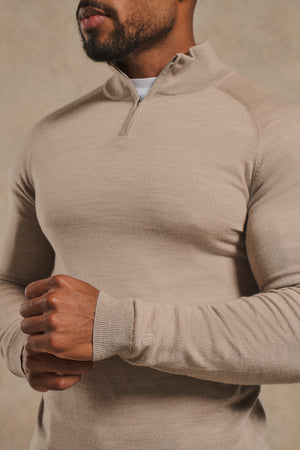 Extra Fine Merino Wool Half Zip Neck Sweater in Neutral Marl