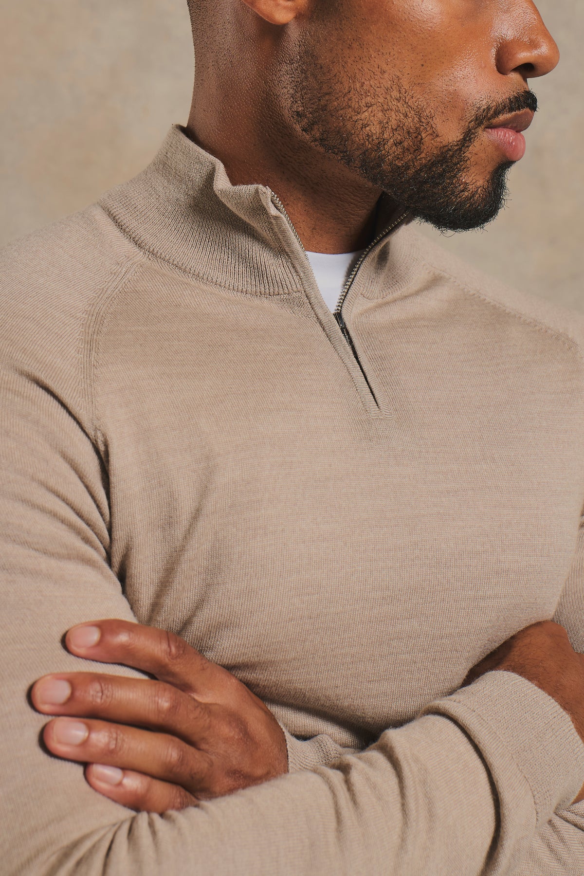 Extra Fine Merino Wool Half Zip Neck Sweater in Neutral Marl