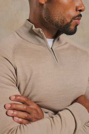 Extra Fine Merino Wool Half Zip Neck Sweater in Neutral Marl