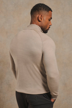 Extra Fine Merino Wool Half Zip Neck Sweater in Neutral Marl
