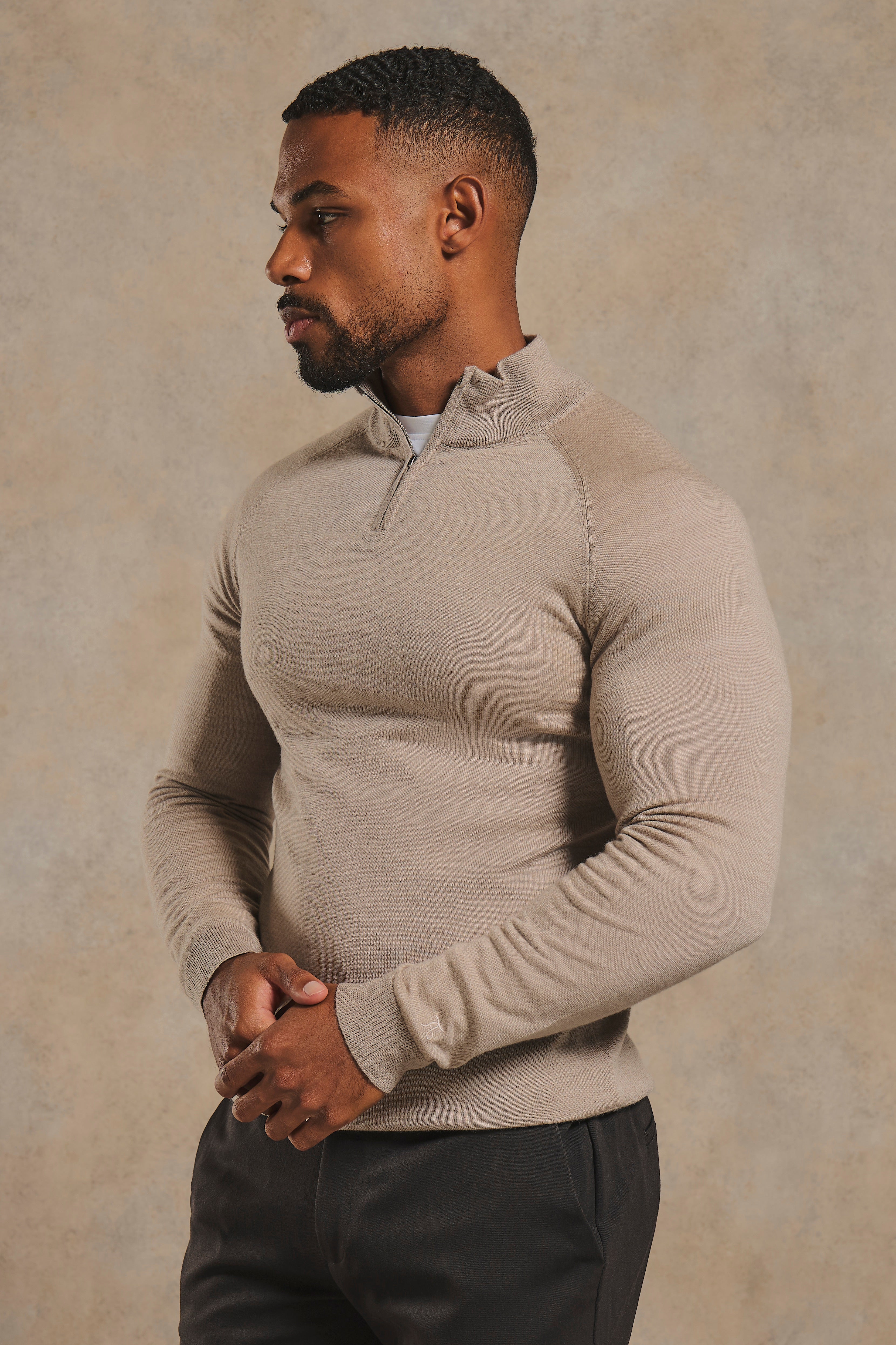 Extra Fine Merino Wool Half Zip Neck Sweater in Neutral Marl