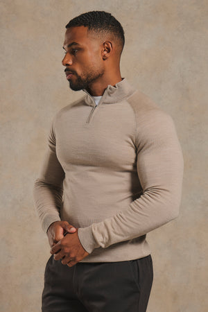 Extra Fine Merino Wool Half Zip Neck Sweater in Neutral Marl