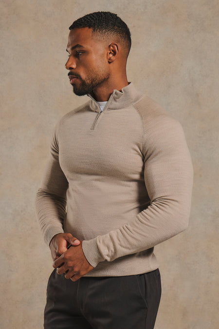 Extra Fine Merino Wool Half Zip Neck Sweater in Neutral Marl