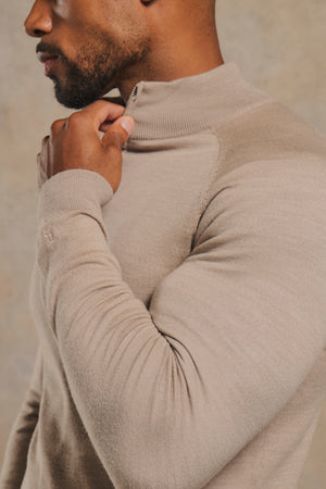 Extra Fine Merino Wool Half Zip Neck Sweater in Neutral Marl