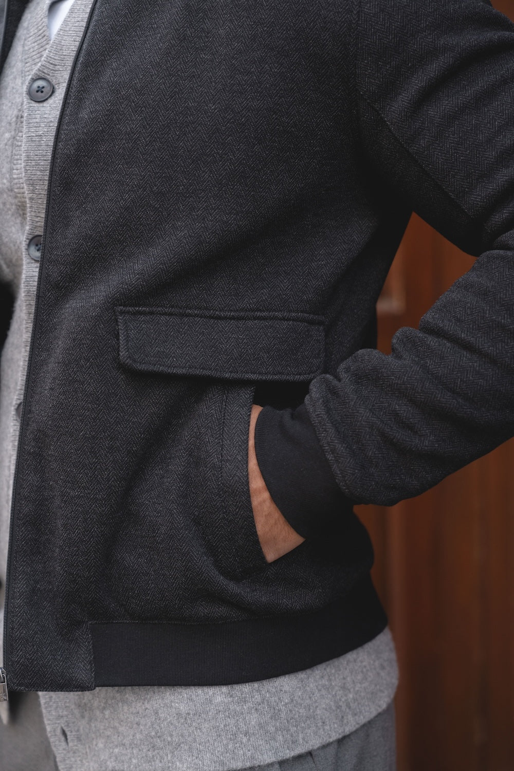 Herringbone Bomber Jacket in Dark Charcoal - TAILORED ATHLETE - USA
