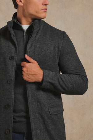 Herringbone Funnel Neck Overcoat in Charcoal