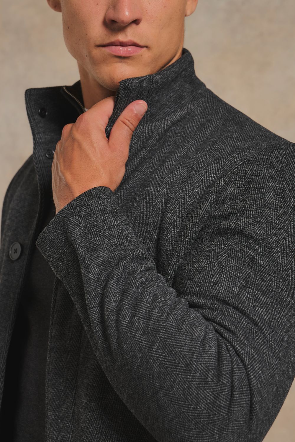 Herringbone Funnel Neck Overcoat in Charcoal