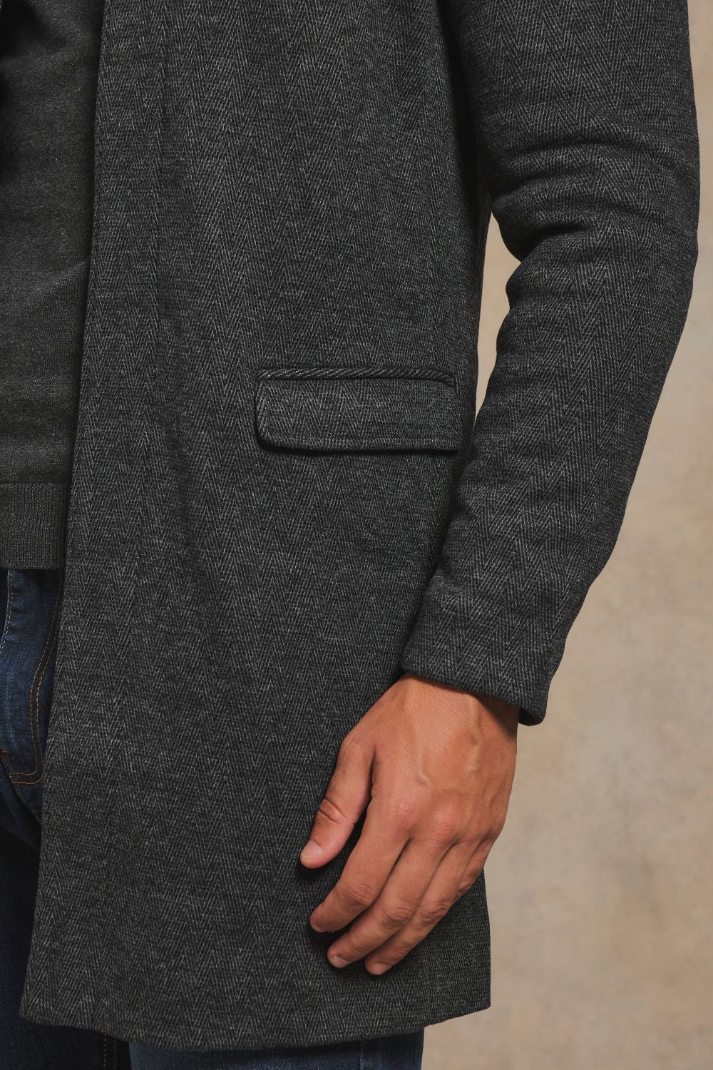 Herringbone Funnel Neck Overcoat in Charcoal