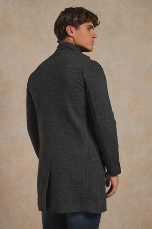 Herringbone Funnel Neck Overcoat in Charcoal