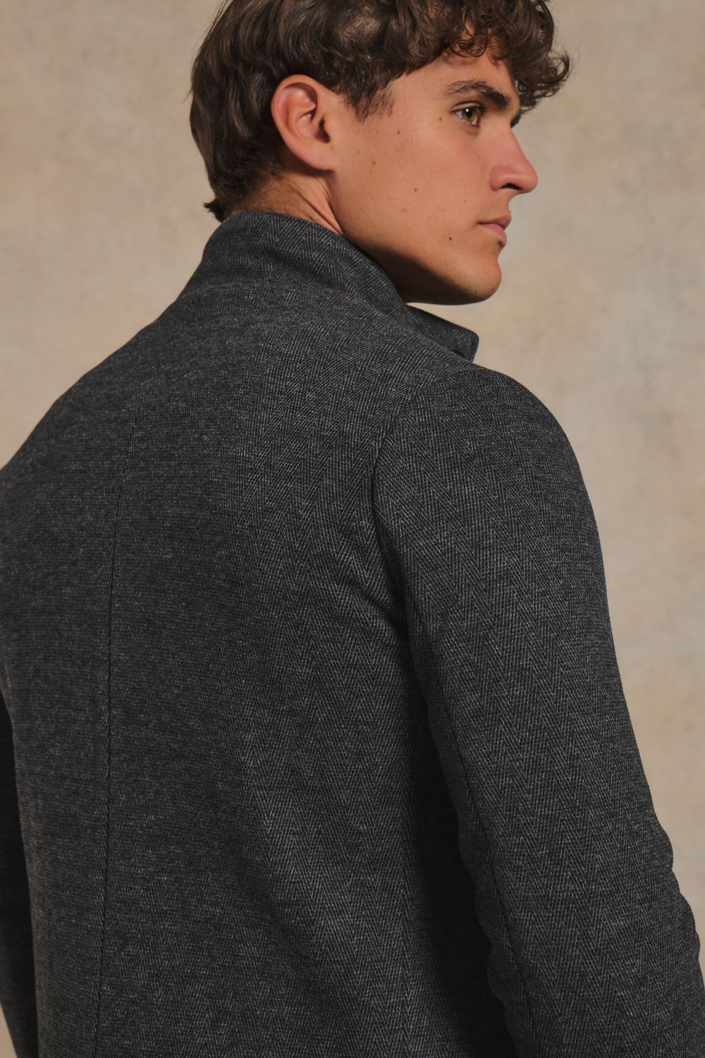 Herringbone Funnel Neck Overcoat in Charcoal